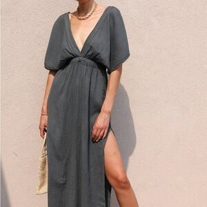 Handloom lotus midi dress in charcoal